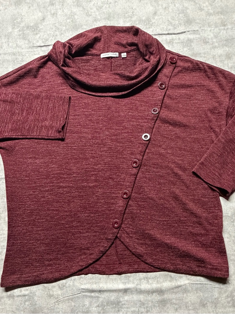 Notations Burgundy Asymmetrical Button Cowl Neck Top